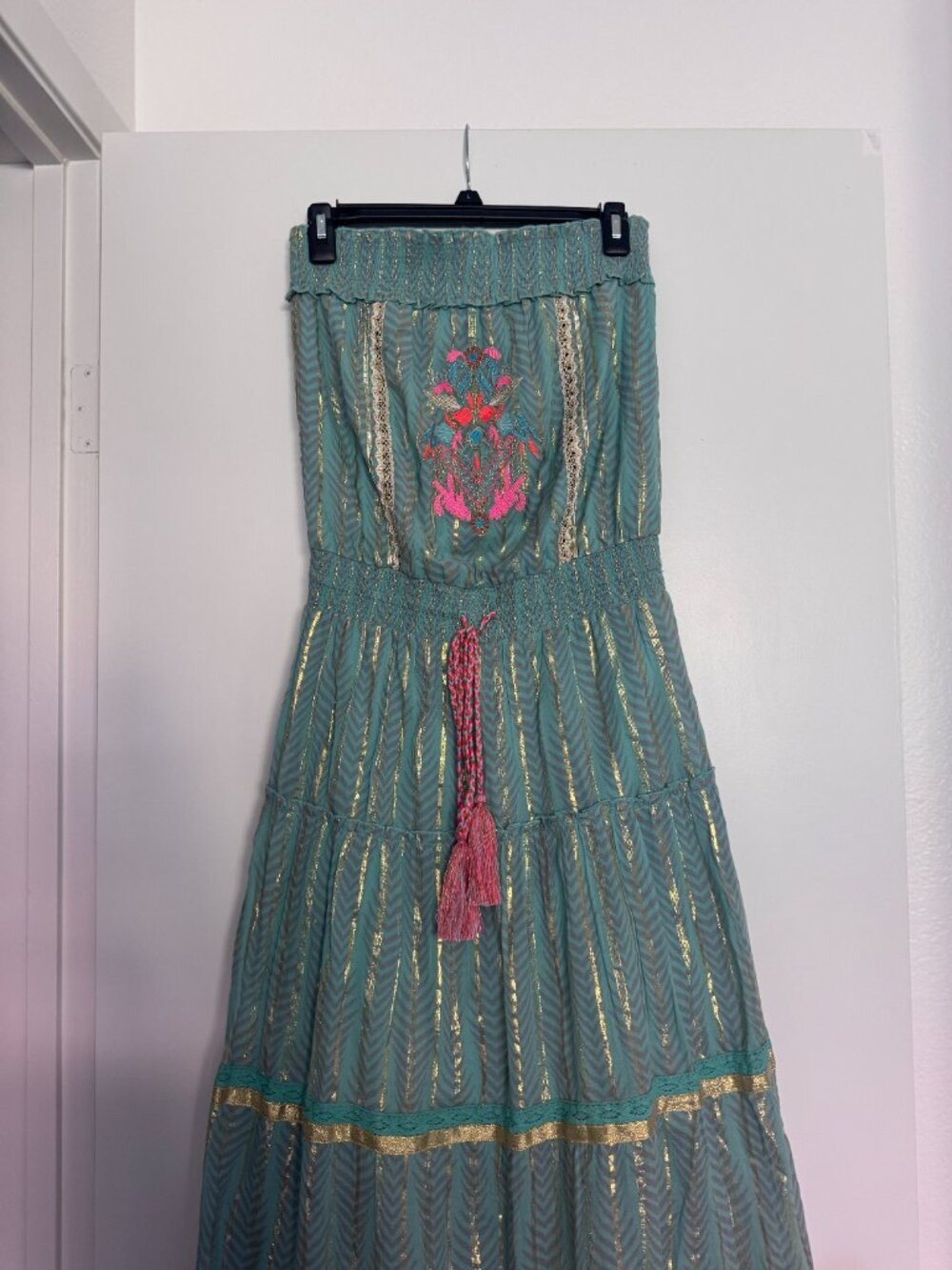 Venus Teal Strapless Maxi Dress with floral & metallic accents, size S